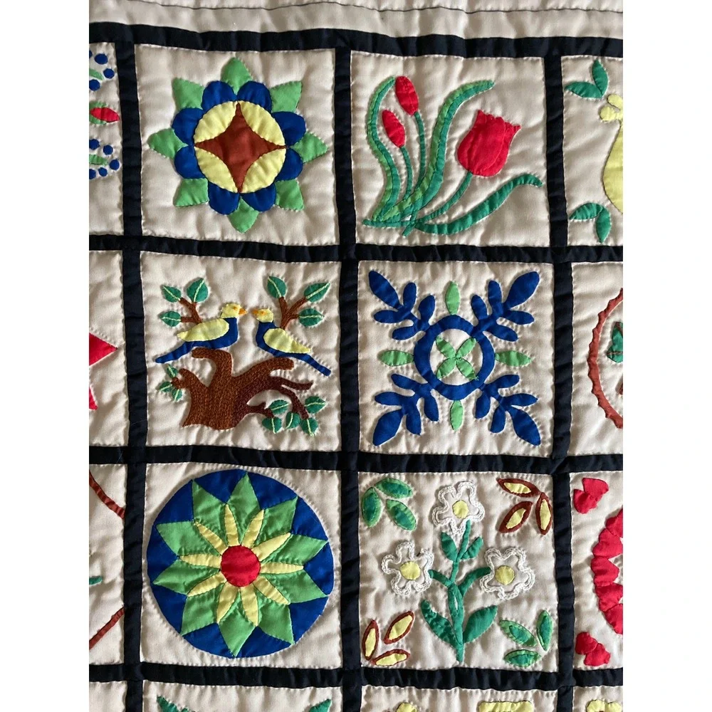 Vintage 1985 Handmade Sampler Album Quilt Applique Hand Quilted Rare 40x40